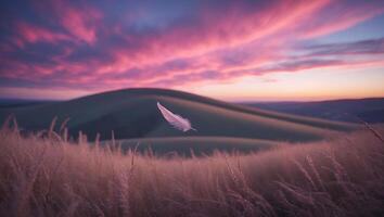 Feather Floating Over Field at Sunset with Pink Clouds photo