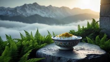 Bowl with Topping on a Stone Surface with Mountain Backdrop photo