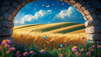 Viewing Golden Wheat Field Through Stone Arch with Butterflies Flying photo