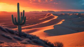 Cactus in Desert Landscape with Sand Dunes and Colorful Sunset Sky photo