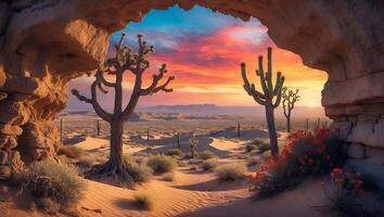 Desert Landscape Through Rock Arch with Cacti at Colorful Sunset photo