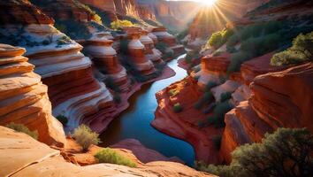 River Runs Through Majestic Canyon with Sunlight Peeking Through photo
