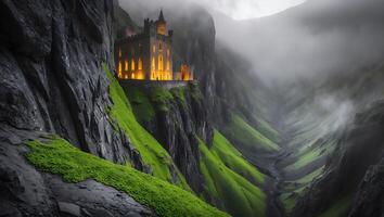 Castle on Cliff in Misty Valley Landscape with Mossy Rocks photo