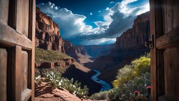 Grand Canyon View Through Open Wooden Door with Dramatic Sky photo