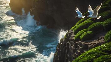 Seagulls Flying Near Rugged Coastline with Waves Crashing on Rocks photo