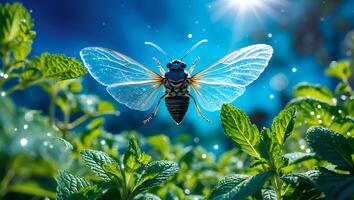 Cicada with Translucent Wings Among Green Plants in a Garden Setting photo