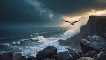 Seagull Soaring Over Rocky Coastline with Crashing Waves and Dramatic Sky photo