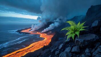 Lava Flowing Into Ocean with Rising Steam and Coastal Vegetation photo