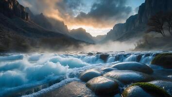Cascading River Through Mountain Valley with Fog and Dramatic Light photo