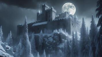 Majestic Stone Castle Silhouetted Against Full Moon in Winter Landscape photo