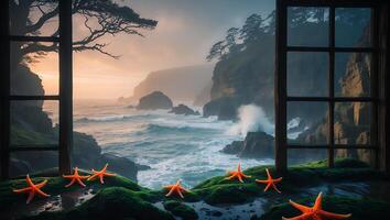 Starfish on Moss Viewing Ocean Waves From Open Window Frame photo