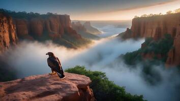 Eagle Perched on Cliff Overlooking Foggy Canyon at Early Morning photo