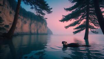 Beaver Swimming in Calm Lake Water with Pink Sky Reflection photo