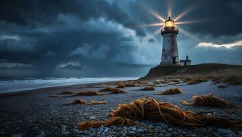 Illuminated Lighthouse Stands Tall on Coastal Cliff Under Stormy Skies photo