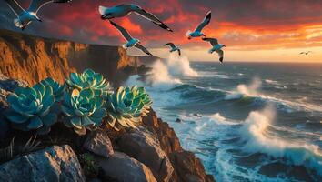 Seagulls Fly Over Coastal Cliff with Succulents and Crashing Waves photo