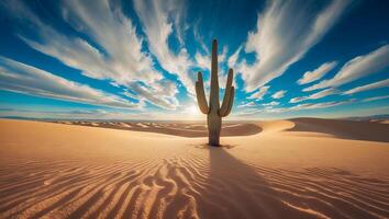 Cactus Standing Tall in Desert Landscape with Striking Sky Pattern photo