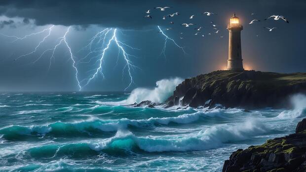 Seaside Lighthouse Illuminating Waves During Storm with Lightning Overhead photo