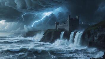 Coastal Castle Waterfall Scenery Under Stormy Sky with Lightning Strike photo