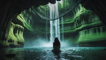 Woman Enjoys Flowing Waterfall and Tranquil Turquoise Water in Cave photo
