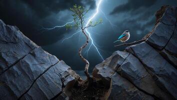 Small Bird Perched on Rock Ledge During a Lightning Storm photo