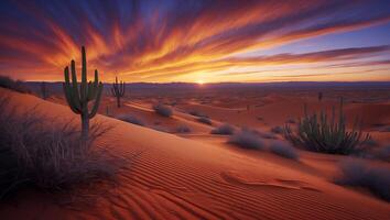 Desert Landscape at Sunset with Cacti and Orange Colored Sand photo
