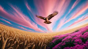 Hawk Flying Above Golden Wheat Field with Pink Flowers at Sunset photo