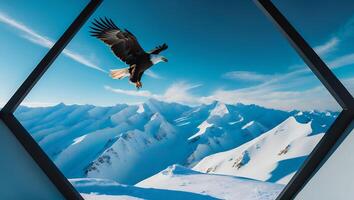 Eagle Soaring Above Snowy Mountains Framed by Geometric Design Element photo
