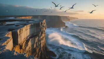 Seagulls Soaring Above Cliffside Ocean Waves at Golden Hour photo