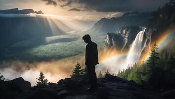Man Standing on Cliff Overlooking Valley with Waterfall and Rainbow photo
