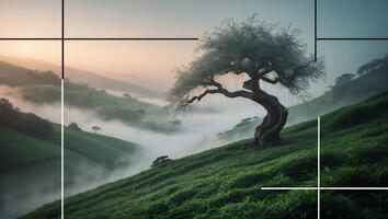 Solitary Tree on Green Hillside with Rolling Foggy Hills Landscape photo
