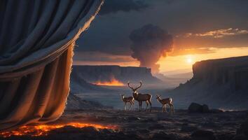Deer Family Observing Volcanic Eruption Behind Curtain at Golden Sunset photo