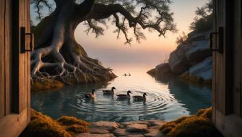 Ducks Swimming in Lake Viewed From Open Wooden Doorway Scene photo