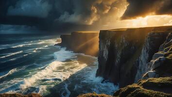 Coastal Cliffs Landscape with Ocean Waves and Dramatic Sunlight Breaking Through photo