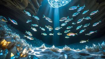 School of Fish Swiming in Underwater Cave with Light Rays photo