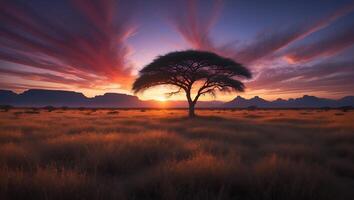 Lone Tree Silhouette at Sunset in Field with Colorful Sky photo