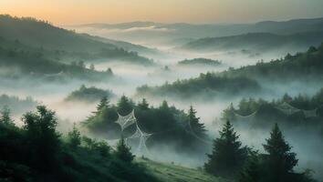 Fog Rolling Through Forest Valley with Cobwebs at Early Dawn photo