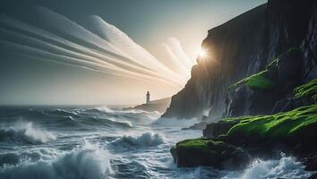 Lighthouse on Rocky Coastline with Waves and Sunlight Breaking Through photo