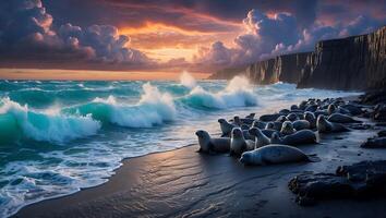 Seals Resting on a Sandy Beach with Waves and Dramatic Sky photo