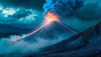 Erupting Volcano at Night with Lava Flowing and Dark Sky photo