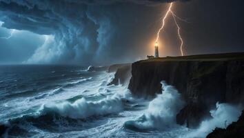 Dramatic Coastal Lighthouse at Storm with Lightning and Crashing Waves photo