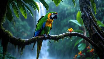 Parrot Resting on Branch in Rainforest During Rainy Weather photo