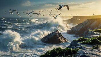 Seagulls Flying Over Crashing Waves on Rocky Coastline at Sunrise photo