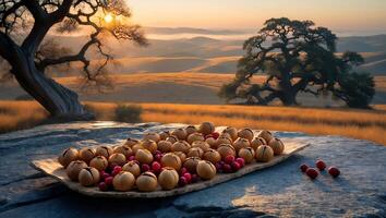 Arrangement of Fruit and Berries on Stone Table with Landscape View photo