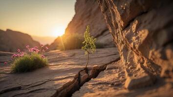 Small Tree Growing Through Crack with Flowers Against a Sunset photo