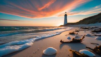 Walking Along Sandy Beach at Sunset with Lighthouse and Seashells photo