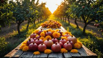 Harvested Pomegranates and Citrus Fruits on Wooden Table in Orchard Row photo
