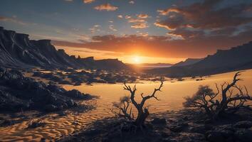 Desert Landscape with Sparse Vegetation and a Vivid Sunset Sky photo
