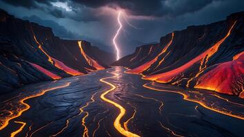 Lava River Flowing Through Dark Canyon Under Lightning Storm Sky photo
