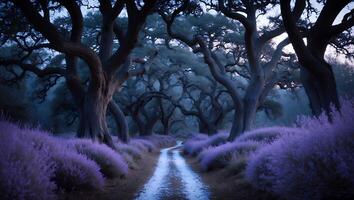 Walking Along Mysterious Path Lined with Lavender and Dark Trees photo