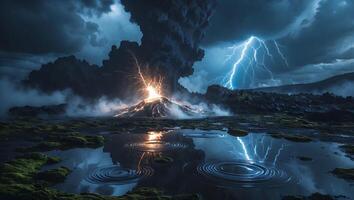 Volcano Erupting with Lightning Storm Reflected in Puddles Under Dark Skies photo